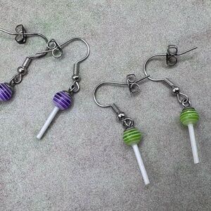 Set of 2 Handcrafted Purple & Green Lollipop Dangle Earrings - Women Jewelry